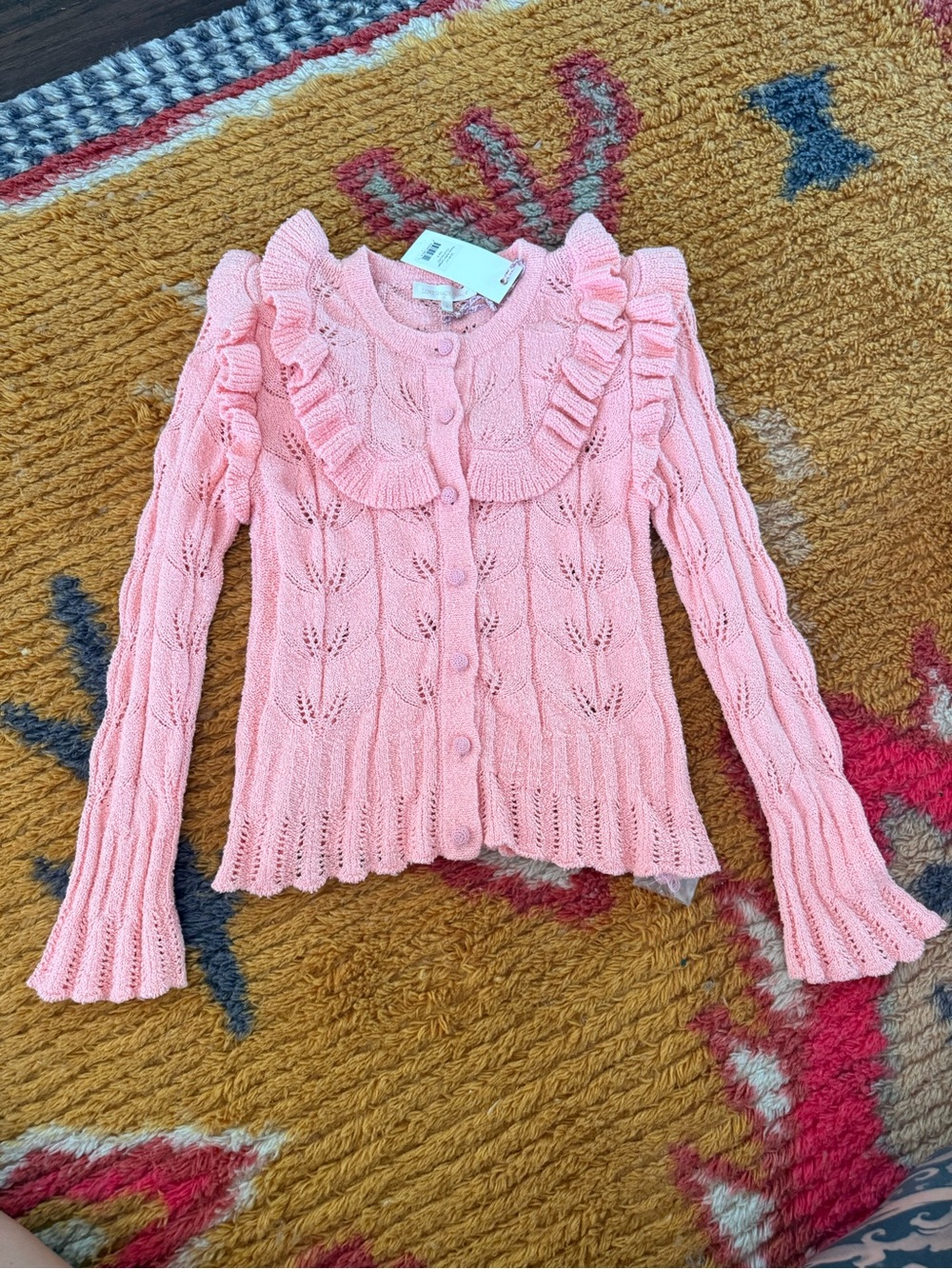 Loveshackfancy Warren ruffle cardigan in tulip sachet cotton sweater